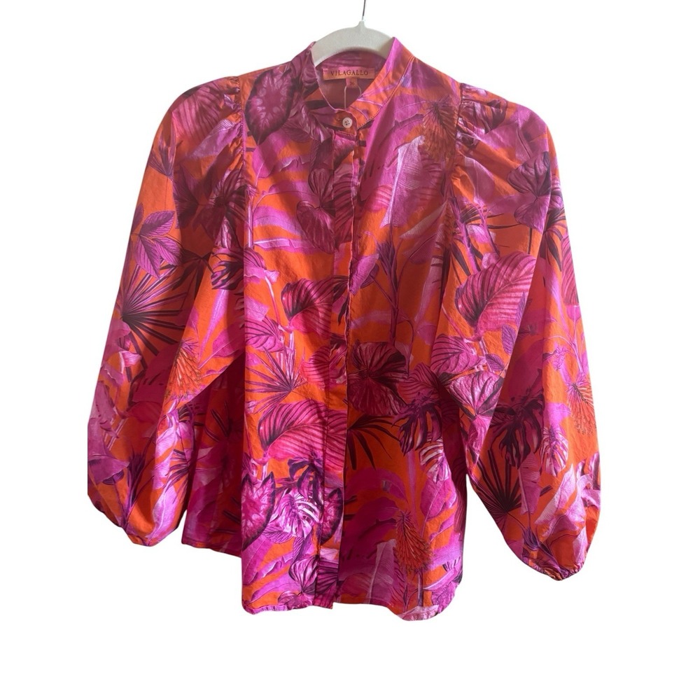 Villagallo Dina Spanish Design Pink Orange Jungle Top Sz 36 (US XS) Puff Sleeves